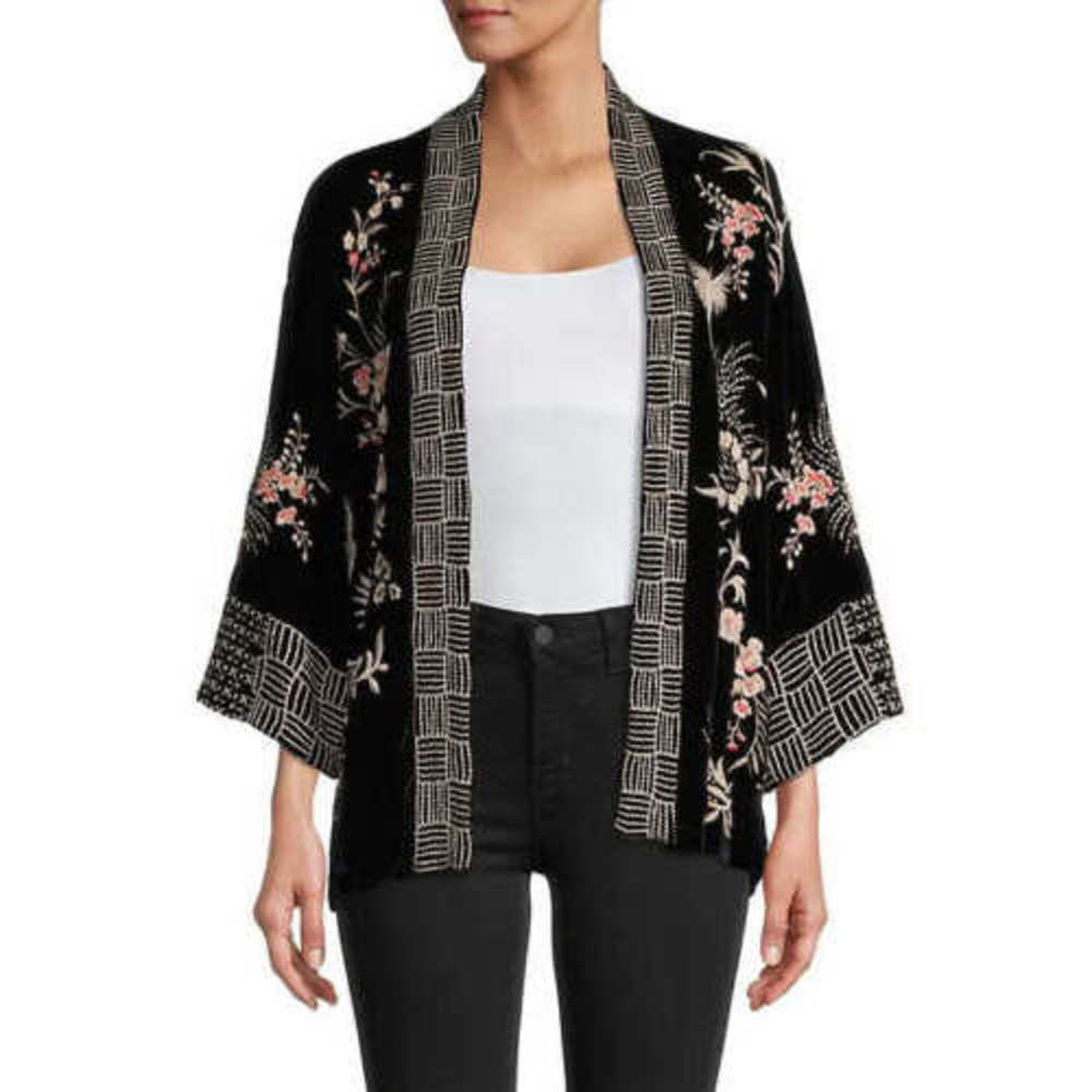 Johnny Was Valentina Velvet Cropped Kimono Jacket Top Black Floral Embroidery NW